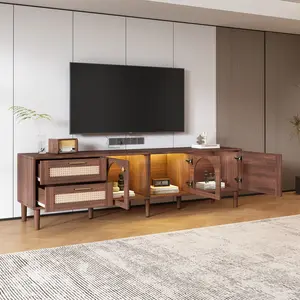 Rattan TV Stand for 80'' TVs – LED Media Console with Storage, Modern Entertainment Center with 3 Cabinets & 2 Drawers for Living Room & Bedroom