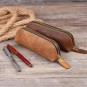 Vintage Leather Pencil Case Zipper Pen & Glasses Storage