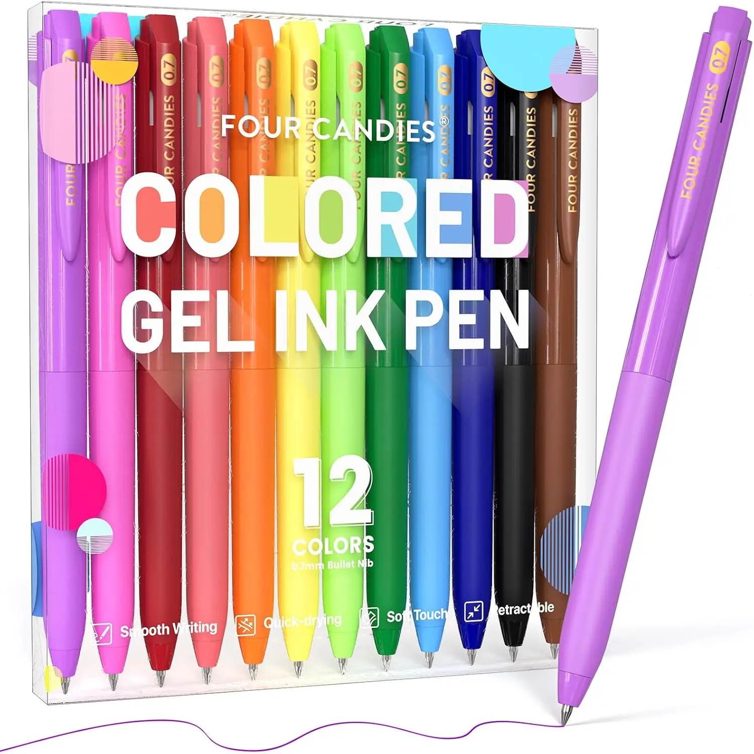 Four Candies Quick Dry Ink Colored Pens Set, 12 Colors Retractable Gel Pens, 0.7Mm Fine Point Colorful Pen for Note Taking & Drawing, Colored Gel Pen with Comfort Grip for Office, School & Home