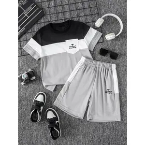 Toddler Boys Trendy Streetwear, Black White Grey Colorblock Pocket Tee + Elastic Waist Shorts, Children's Summer Clothing
