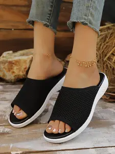 Breathable Flyknit Mesh Slippers, Soft Elastic Thick Sole Anti-Slip, Large Size Women's Casual Slip-On Shoes, Fashion Style, Slide, Soft Cushioned Slippers, Sliders Shoes, Trendy Casual Slippers