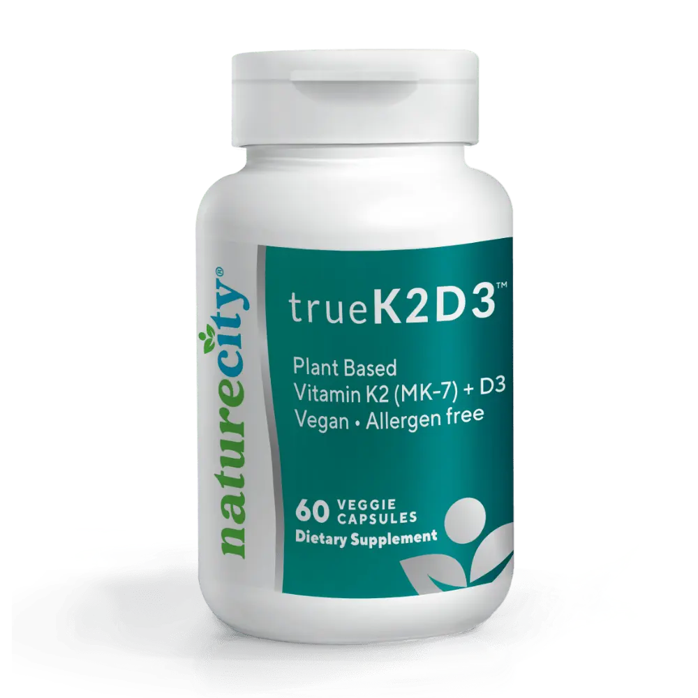 NatureCity TrueK2D3 Plant-Based Vitamin K2 and D3 Supplement - Bone Strength, Calcium Absorption and Cardiovascular Support - MK-7 K2 and Vegan D3 - Non-GMO Softgels - 60 Count
