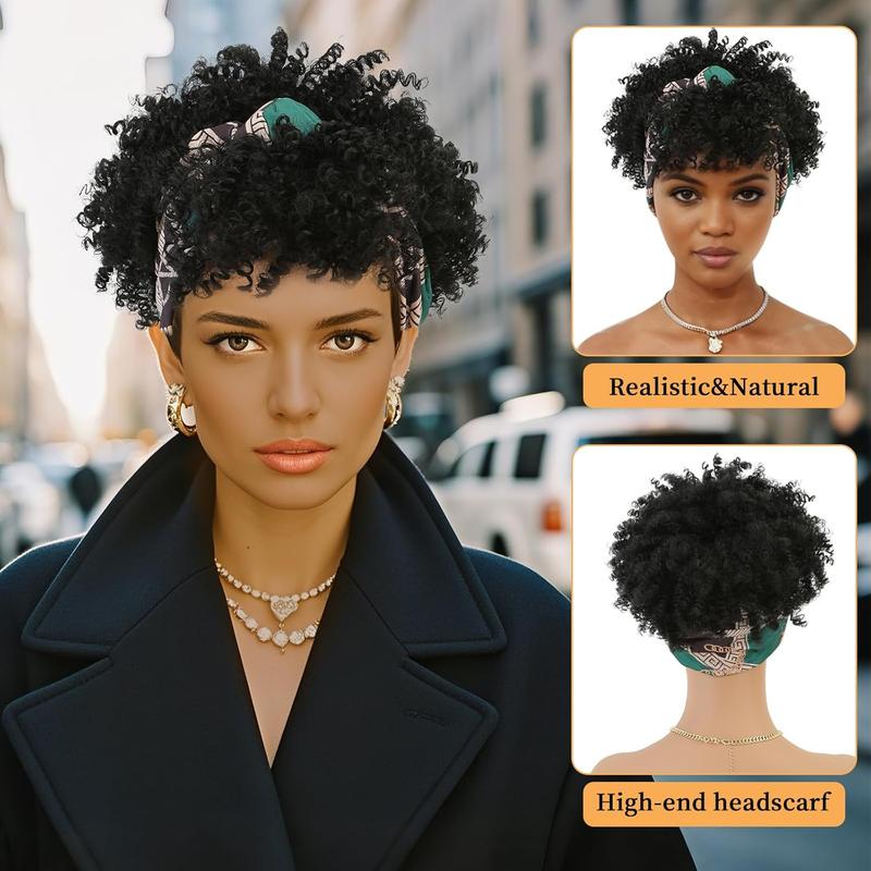 8inch Afro Kinky Curly Headband Wigs with Bangs 2 in 1 Turban Wigs with Headband Attached Premium Heat-Resistant Fibers for Women wrap strap