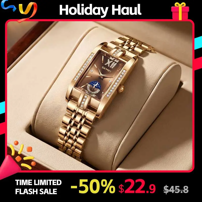 SKMEI Women's Elegant Light Luxury Analog Stainless Steel Watch for Women - 22mm Gold-Accented Dial, 3ATM Water Resistant (30M-50M), Durable Classical Bracelet-Style Quartz Movement, Cut Glass Surface, Watches For Women, Bracelet-Style Quartz Watches