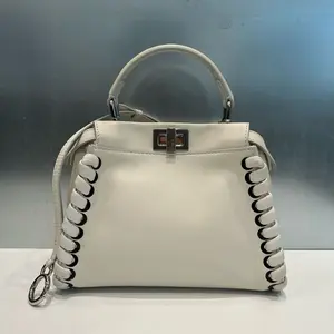 Pre-owned FENDI Leather Crossbody Bags Nappa Lace Up Mini Peekaboo Iconic Satchel Bianco Carta 24168900
