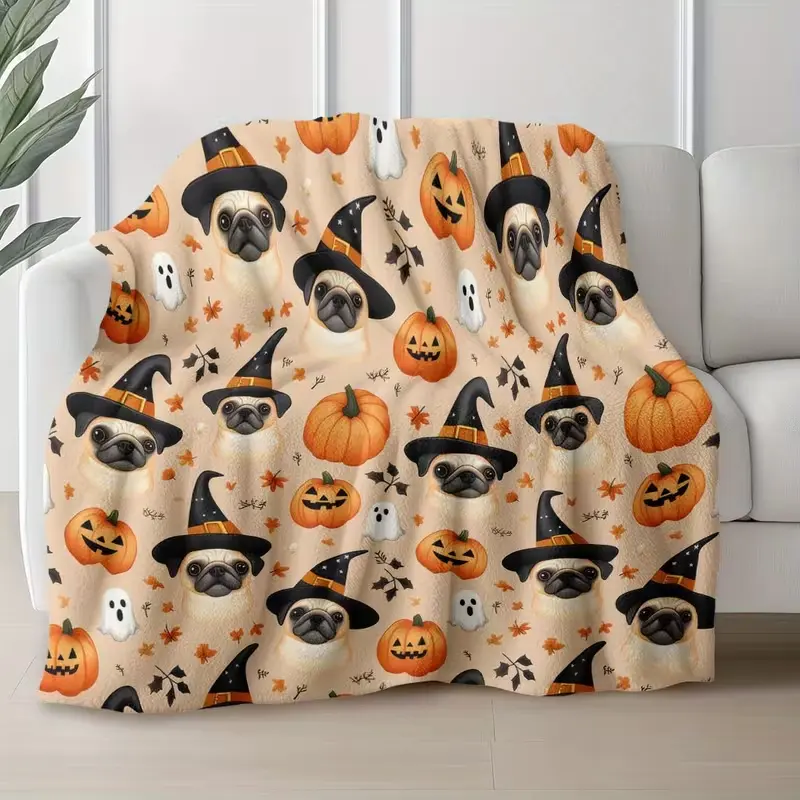 Soft Funny Throw Blanket One Halloween-Themed Pug Print Flannel Blanket, Incredibly Soft And Cozy, Ideal for Use on a Sofa, Bed, During Office Naps, Or for Picnics And Travel