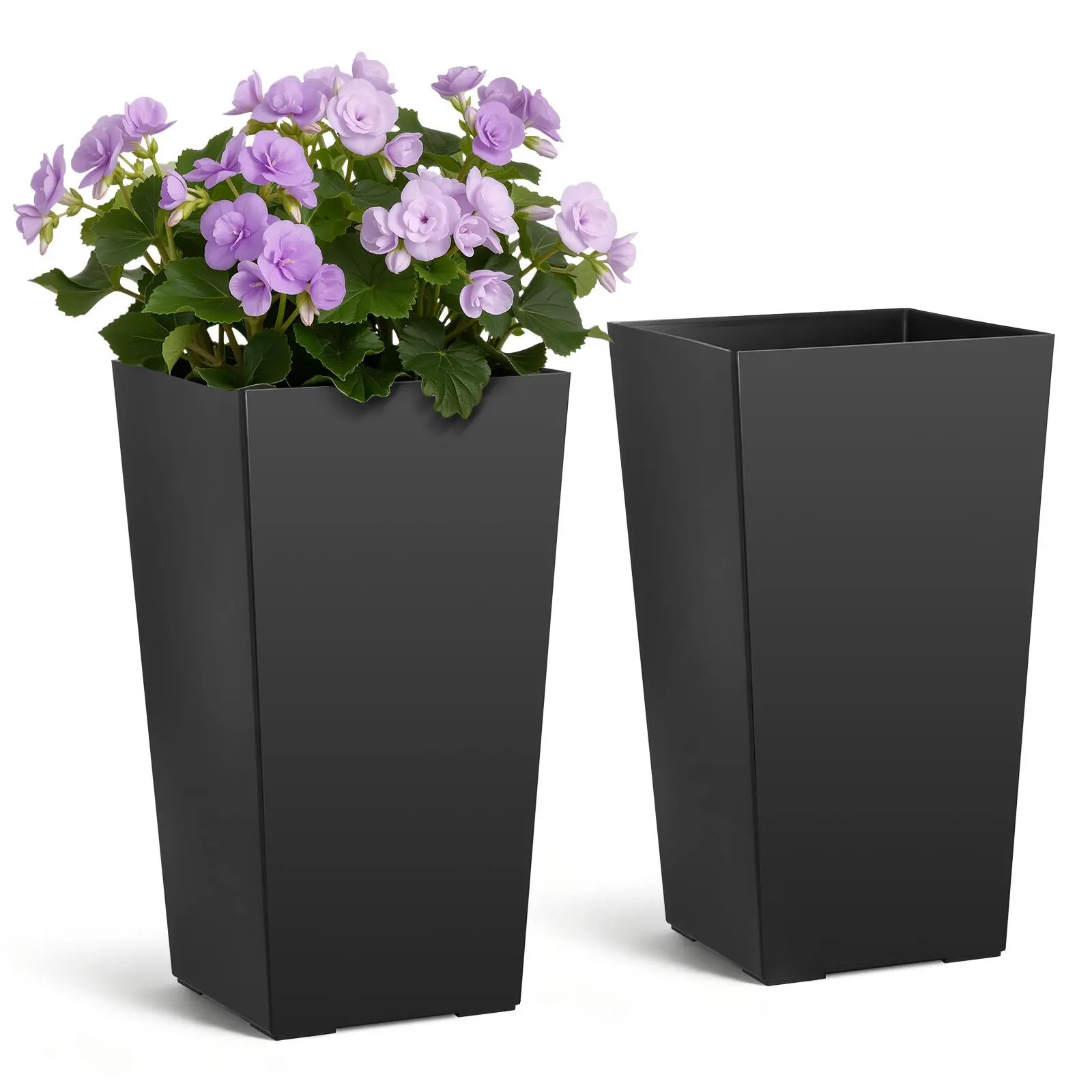 【SummerFinds】VEVOR Tall Planters Set of 2, 22 Inch Large Outdoor Taper Planters for Outdoor Indoor Plants, Front Porch Plastic Modern Flower Pots with Casters, Inner Pot & Drainage Holes for Patio, Garden, Black