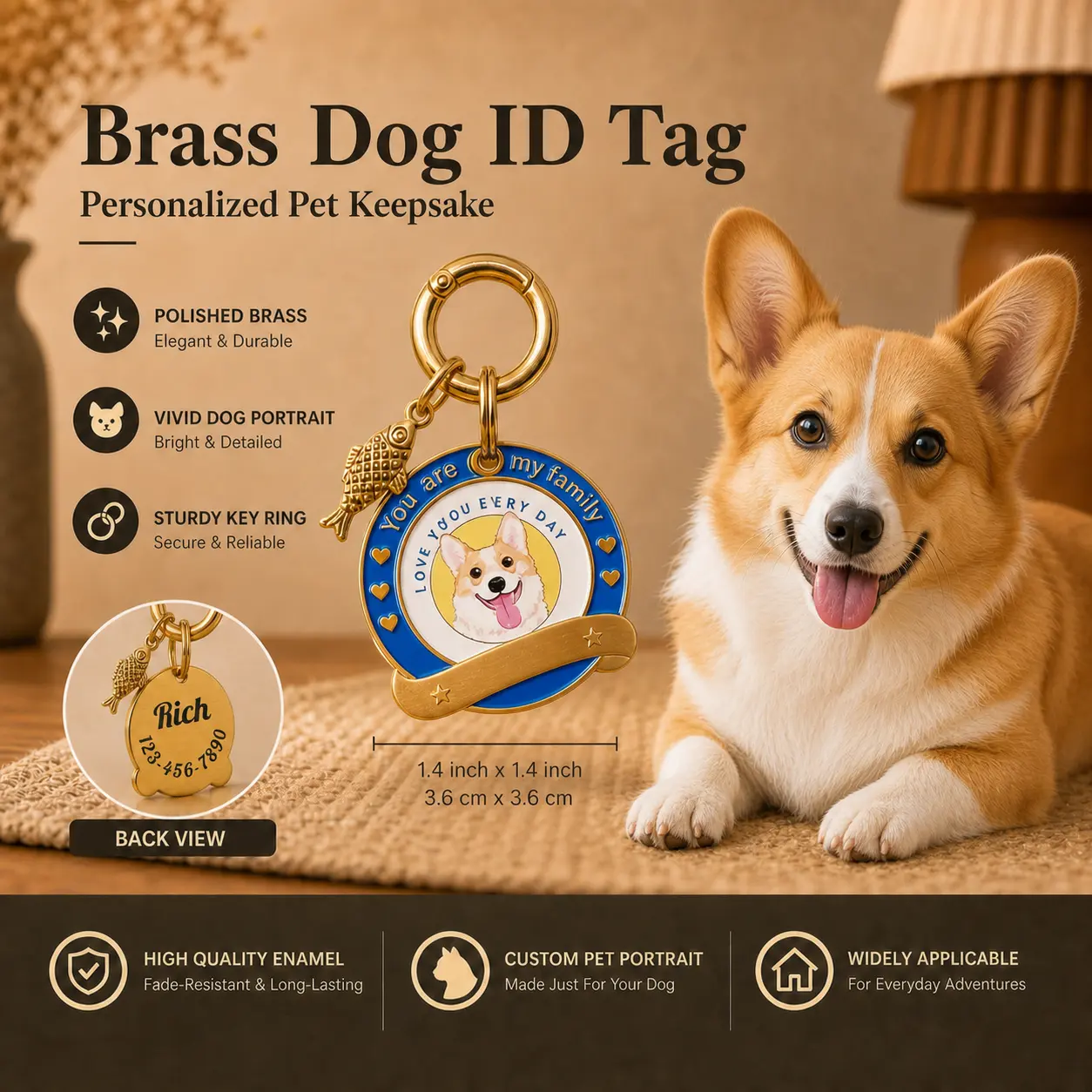 Brass Dog Name Tag - Custom Name & Phone Number