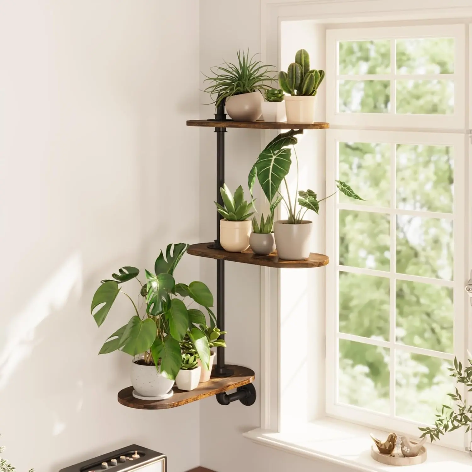 Window Plant Shelves 3-Tier Rotating Plant Stand Industrial Window Plant Shelf Wood Wall Decorative Indoor Plants Light Exposure Gift Idea for Plant Lovers