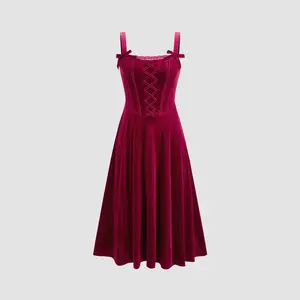 Cider [size 0-10] Velvet Scoop Neckline Lace Bowknot Ruffle Midi Dress