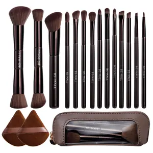 16PCS All-in-One Travel Makeup Brushes Set Makeup Brush Kit with PU Storage Bag & 2 Triangle Powder Puffs – Portable Full Face Makeup Tools for Home & Travel, Beauty Travel Brush