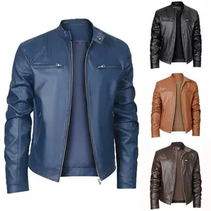 Cross-Border 2024 High-Quality Men's Stand Collar Slim Fit Leather Jacket with Zipper Pockets Decorative Leather Motorcycle Jacket Men's Leather Jacket