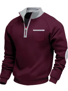 Men's Half-Zip Stand Collar Sweatshirt, Fall & Winter Fleece Lined, Colorblock Neckline, Elbow Patch Design, Casual Daily Wear, Casual Fashion Sweatshirt