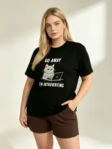 Plus Size Women's Short Sleeve T-Shirt, Funny Introvert Style, Cute Grey Cat on Laptop & "GO AWAY I'M INTROVERTING" Slogan Print, Comfortable Non-Cotton Fabric, Perfect for Introverts, Daily Outings & Work-from-Home Days, Ideal Laid-Back Cool Outfit