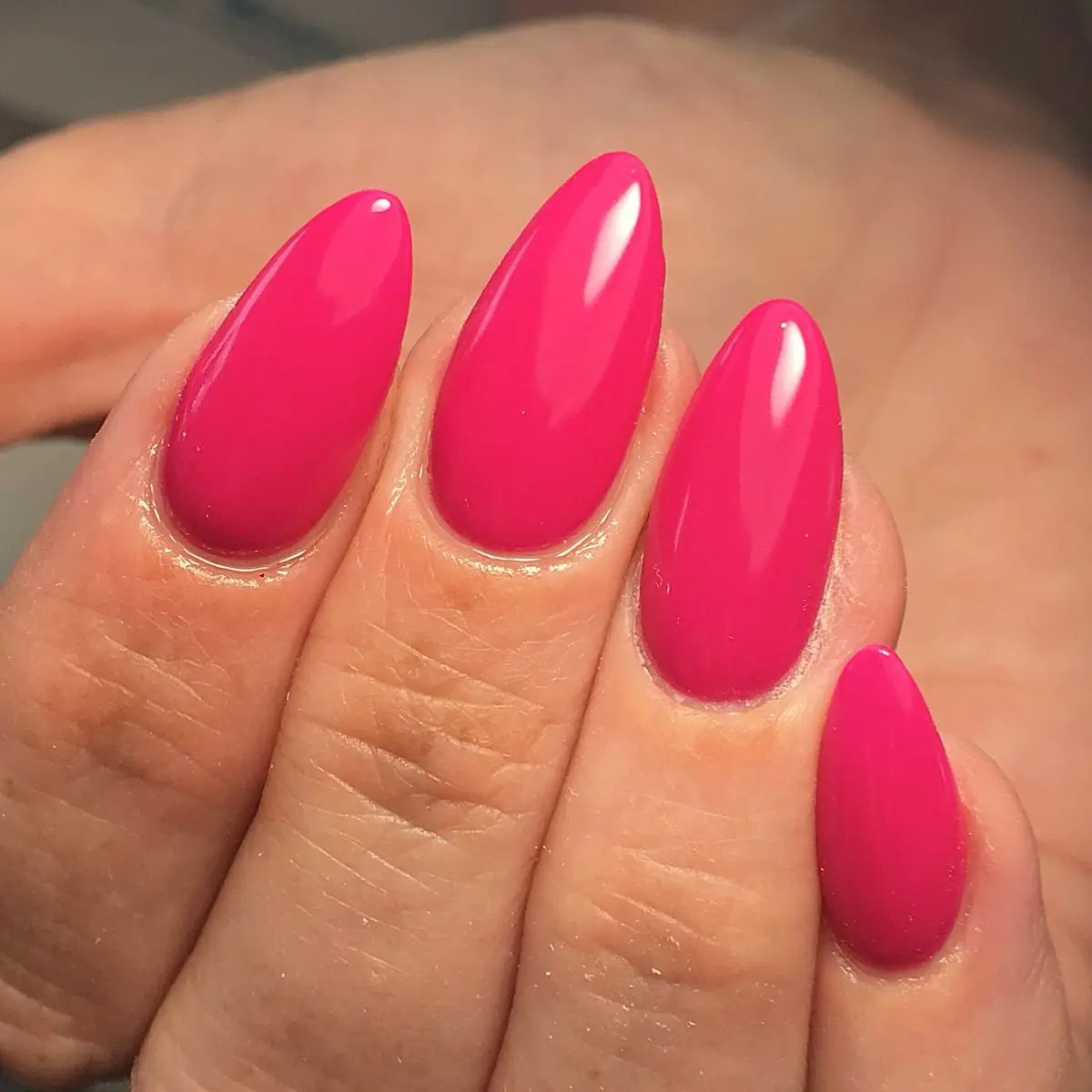 24PCS Hot Pink Press On Nails, Medium Almond Glossy Neon Fuchsia Fake Nails, Solid Color Bright Pink Stick On Nails for Vacation, Party, Date Night, Girls Night and Everyday Wear
