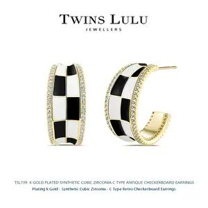 TwinsLuLu TSL739 C Type Retro Checkerboard Earrings elegant personal design Female Fashion Accessories Daily wearing jewelry For Evening Party Brithday Anniversary gift