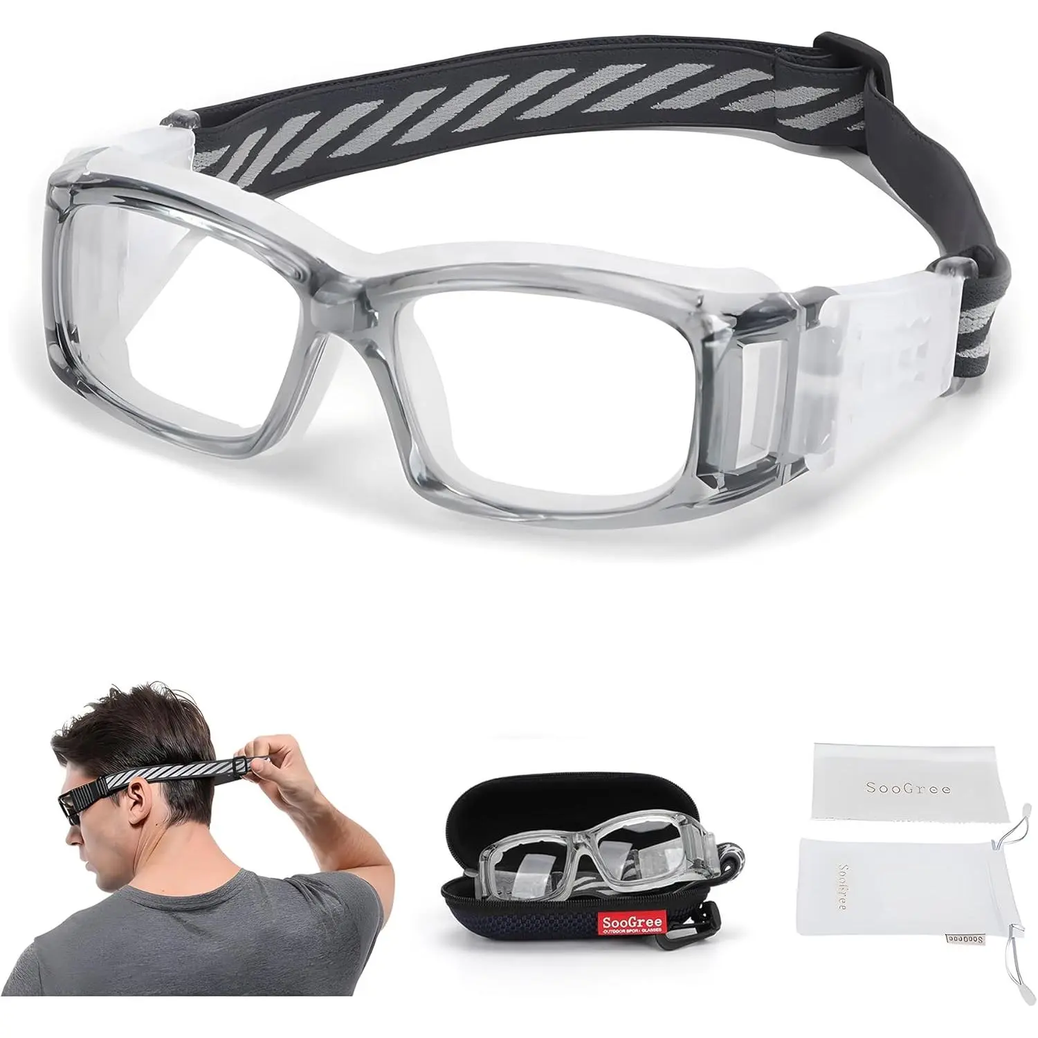 Male Ergonomic Basketball Protective Goggles - Polycarbonate, Impact-Resistant Safety Glasses with Soft Gel for Basketball, Badminton Sports Activities, Adjustable Strap, Transparent Lenses