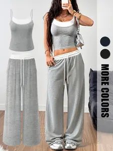 Women's Knitted Sleeveless Camisole High Waist Wide Leg Pants Four Seasons Suit Double Layer Lining Top Fashionable, Casual and Comfortable Suitable for Outdoor Sports Daily Travel Shopping Gatherings Vacations and Travel