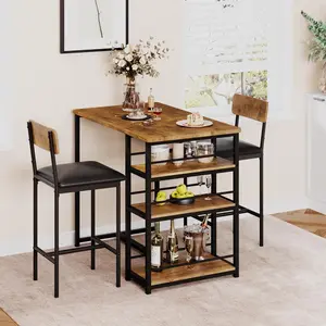 Dining Table Set for 2, Bar Table & Chairs with 2 Upholstered Stools & 3 Large Storage Shelves, Chairs Available Separately, Pub Table Set Perfect for Small Spaces, Apartments & Breakfast Nooks