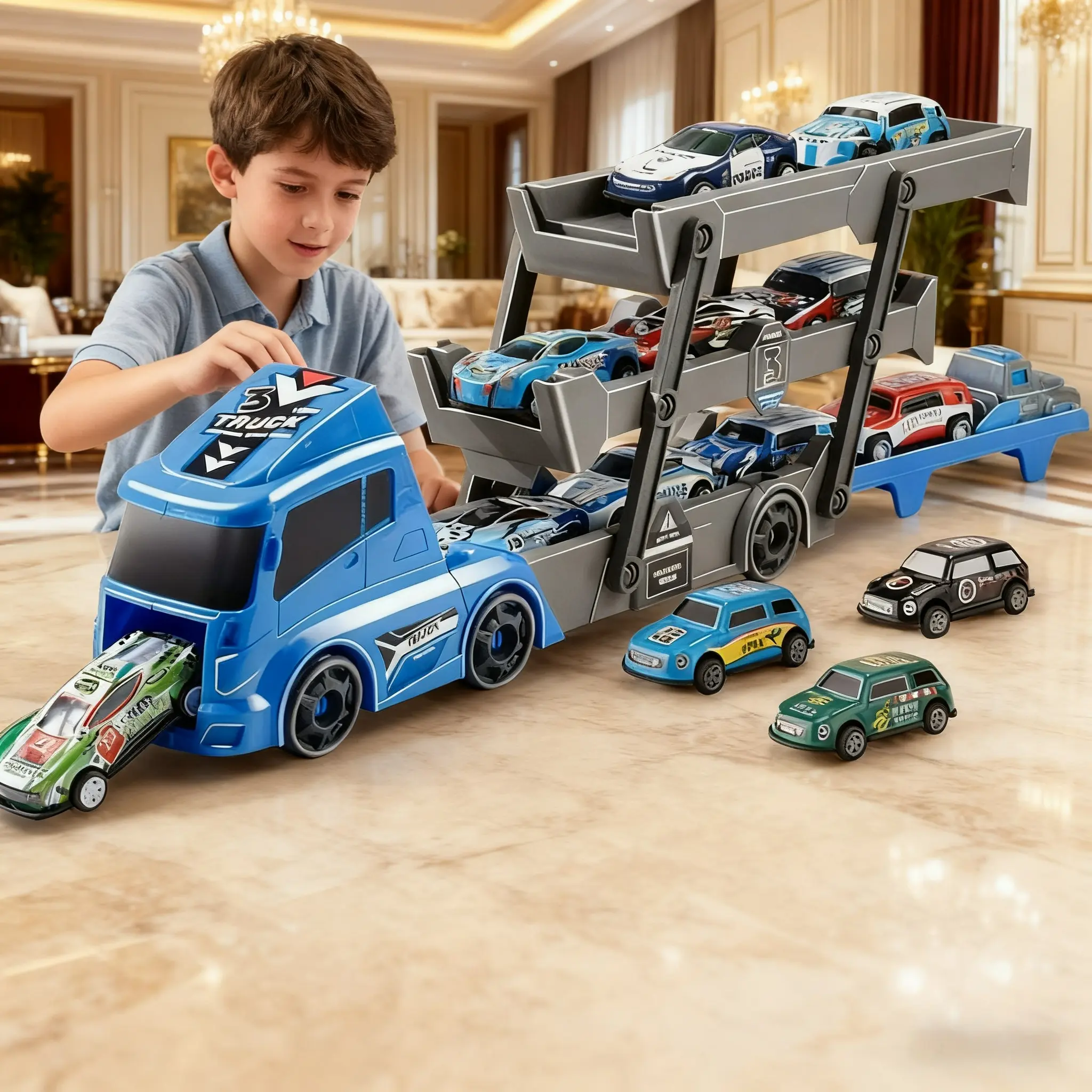 Inertia Glide & Catapult Launch Toy Truck, 3-Tier Storage Transport Truck with Race Track, Foldable Sliding Track Truck Playset Includes 6 Die-Cast Mini Cars, Ideal Birthday & Holiday Gift for Kids