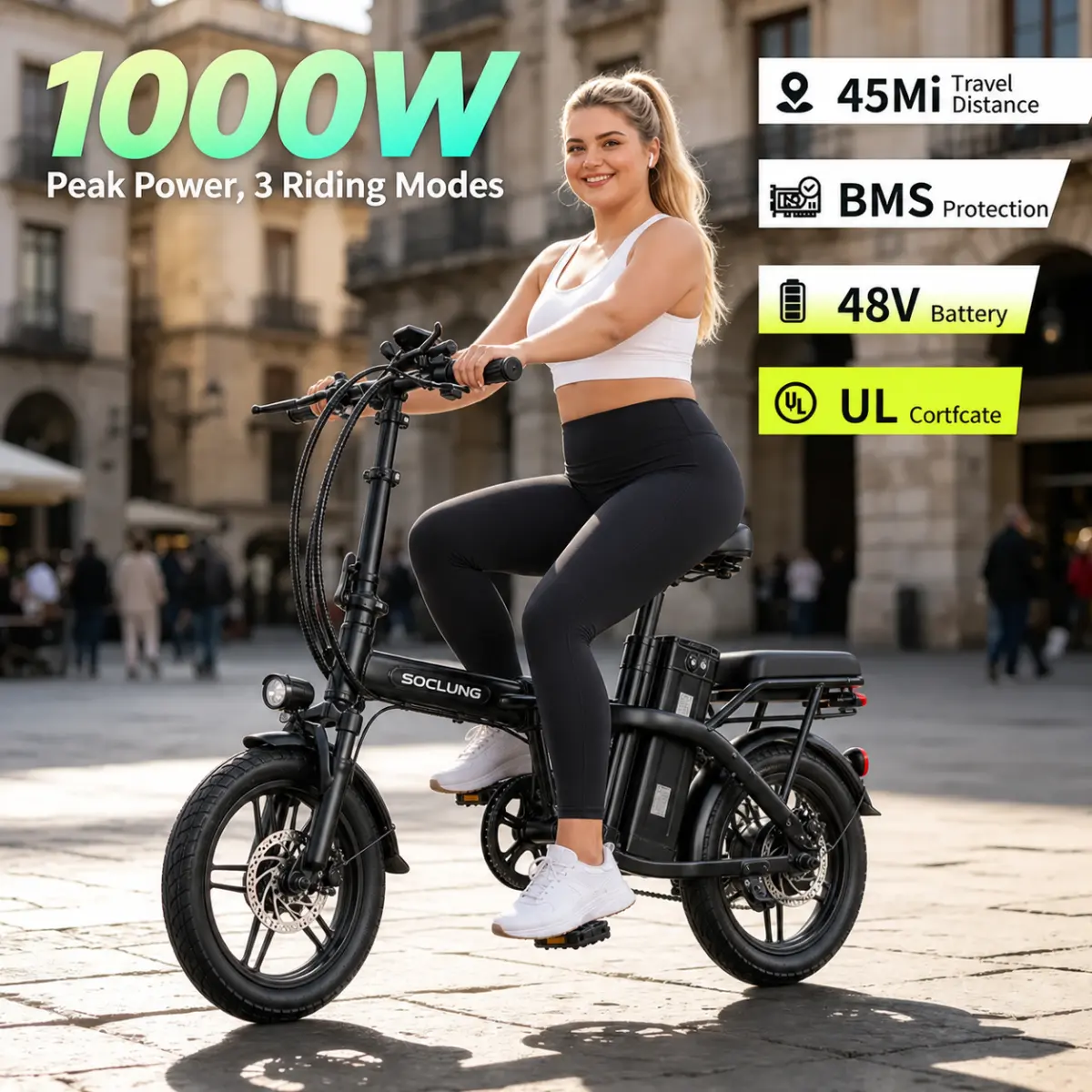 1000W Folding Electric Bike for Teens and Adults, 28 MPH, Compact for Car Trunks and Apartments, Safe Night Ride, Great Birthday Gift