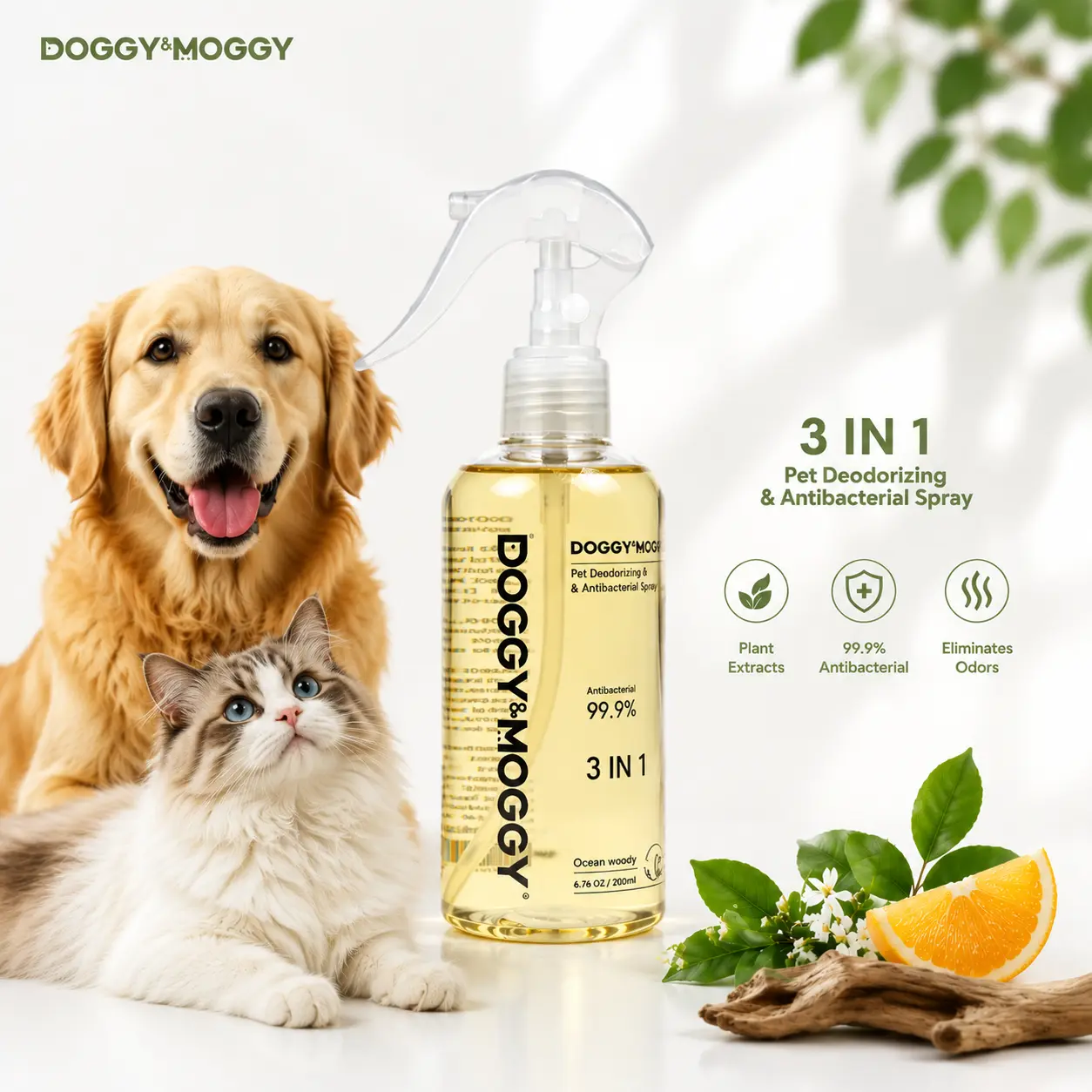 DOGGY&MOGGY Pet Deodorizing Spray - Enzyme-Powered Odor Eliminator Technology, Litter Box Cleaner, 200ml Natural Plant Extract Formula Safe for Pets, Ideal for Urine Stains