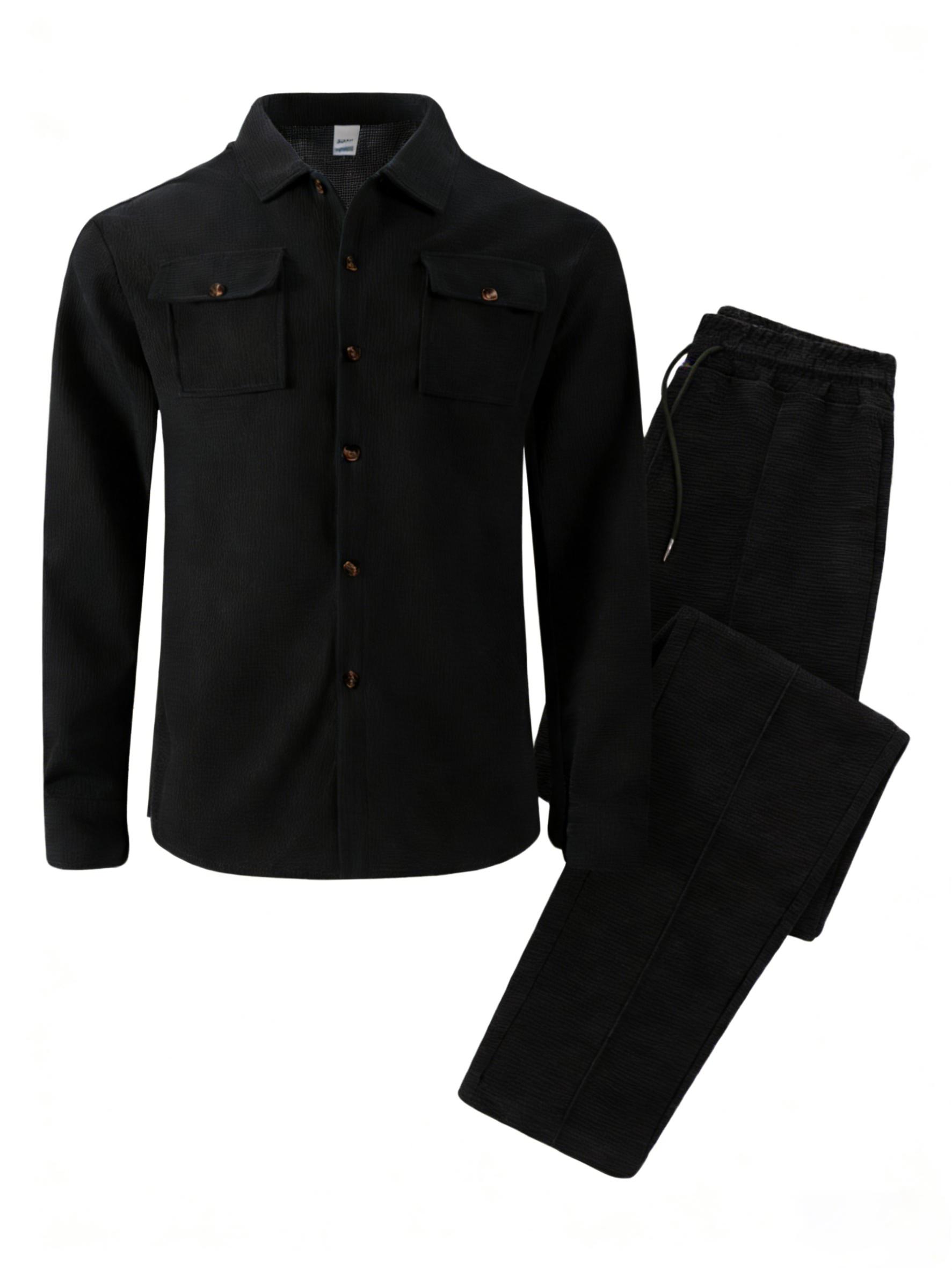 2026 new men's casual set, featuring a collared top and drawstring casual pants two-piece set, spring and autumn long-sleeve buttoned pocket sportswear set, regular fit, suitable for everyday casual wear