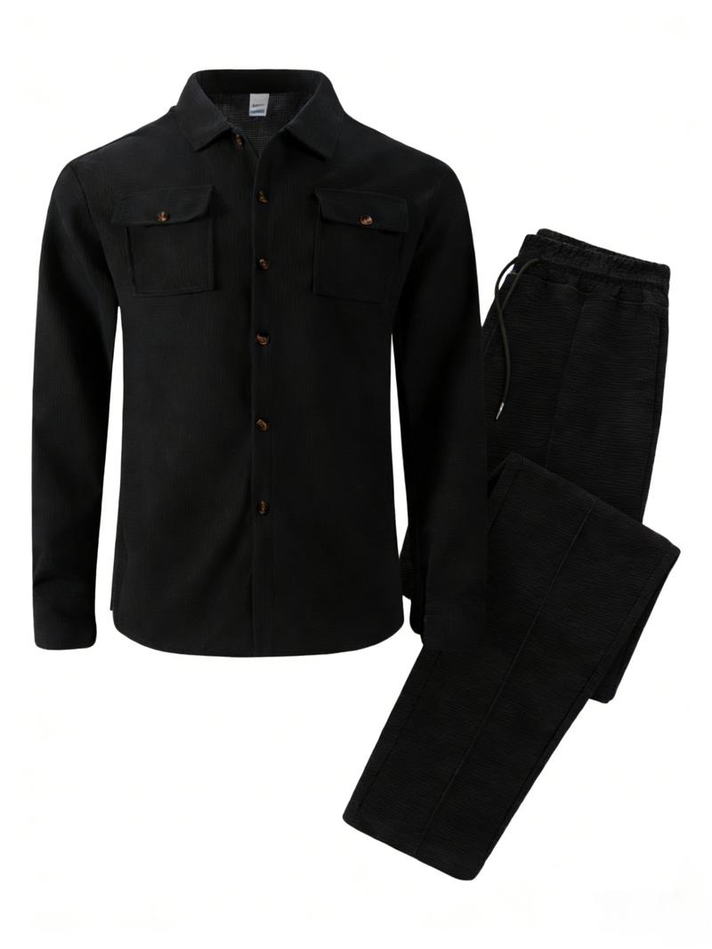 2026 new men's casual set, featuring a collared top and drawstring casual pants two-piece set, spring and autumn long-sleeve buttoned pocket sportswear set, regular fit, suitable for everyday casual wear