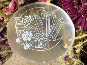 3” Selenite Floaral Coaster Tile, Etched Selenite, Gemstone, Hand Etched,Polished, White Selenite, Gypsum Crystals, Floral Altar Tile