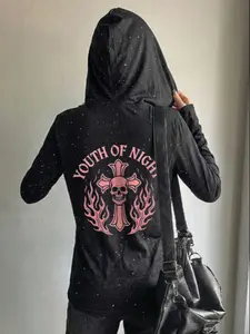 Long Hooded T-Shirt with Devil Cross Design, Heart Neckline, Silver Color Decoration, Fitted Casual Style with Sequins Details