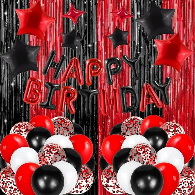 Red and Black Party Decorations with Happy Birthday Balloon Banner, Fringe Curtains, Star Foil Balloons Décor Supplies for Boys Girls 21st 25th 30th 35th 40th 50th 60th 70th Birthday