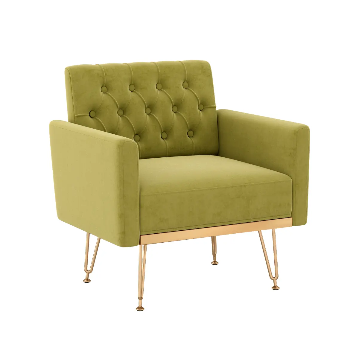 Olive Green Velvet Tufted Armchair - Modern Upholstered Single Sofa with Armrest, Memory Foam, Gold Metal Legs, 30.00 x 26.00 x 31.50 in, 30.36 lbs, Assembly Required for Living Room Bedroom, Elegant And Stylish Gold Metal Accent, Illustrated Manual Inclu