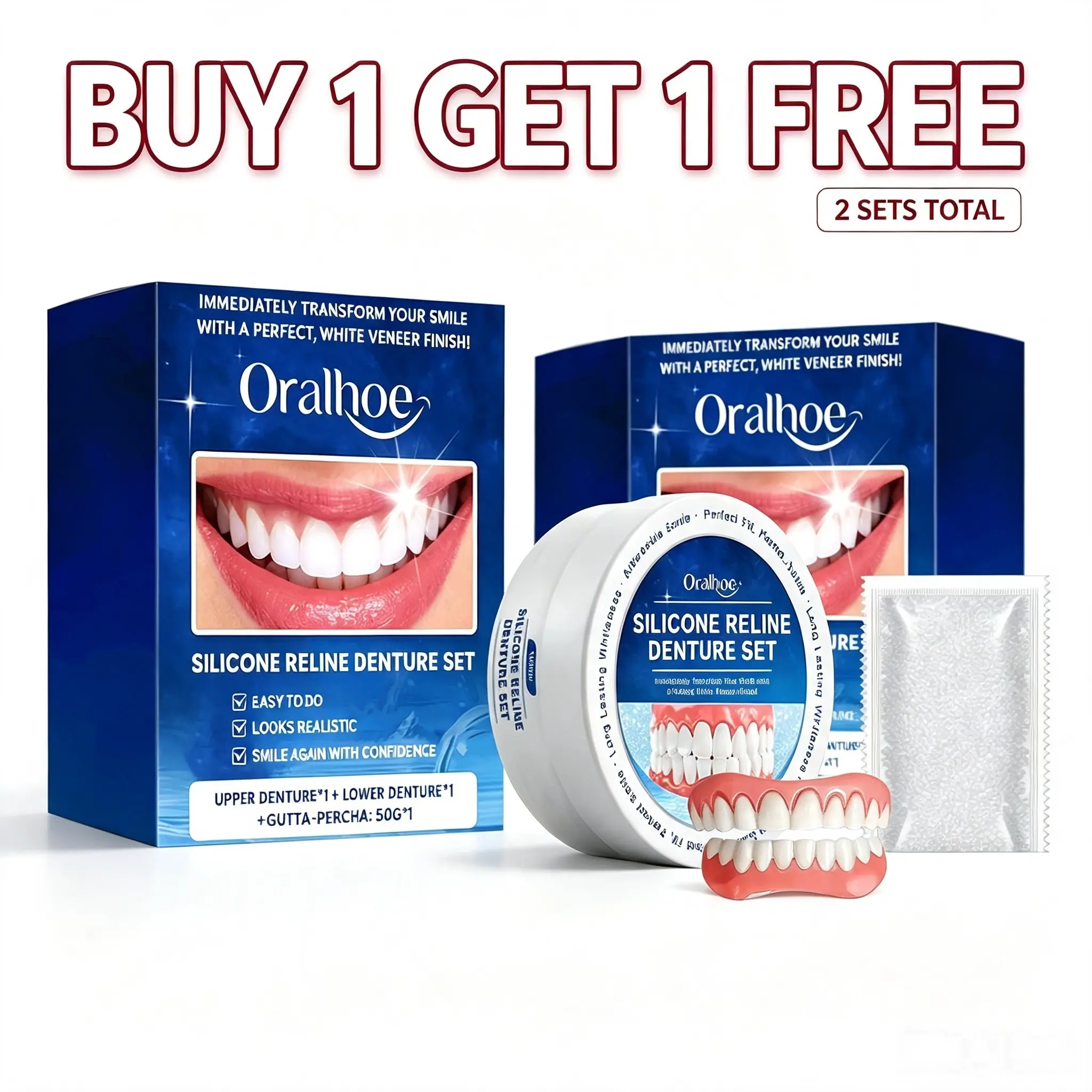 Oralhoe Cosmetic False Teeth Kit acts as a practical smile enhancer. The comfortable removable teeth covers help you build an attractive smile. Special promotion: Buy 1 Get 1 Free, total 2 sets. It relines loose dentures and cannot serve as new dentures.