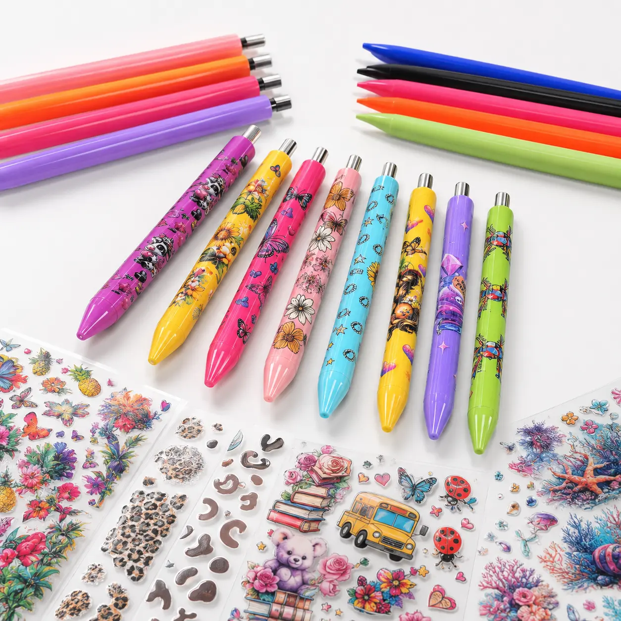98pcs Random Clip Plastic Pen Sticker Set Including 48pcs Ballpoint Pens and 50pcs Random Pen Stickers Colored Pens Drawing Pens Set Art Materials
