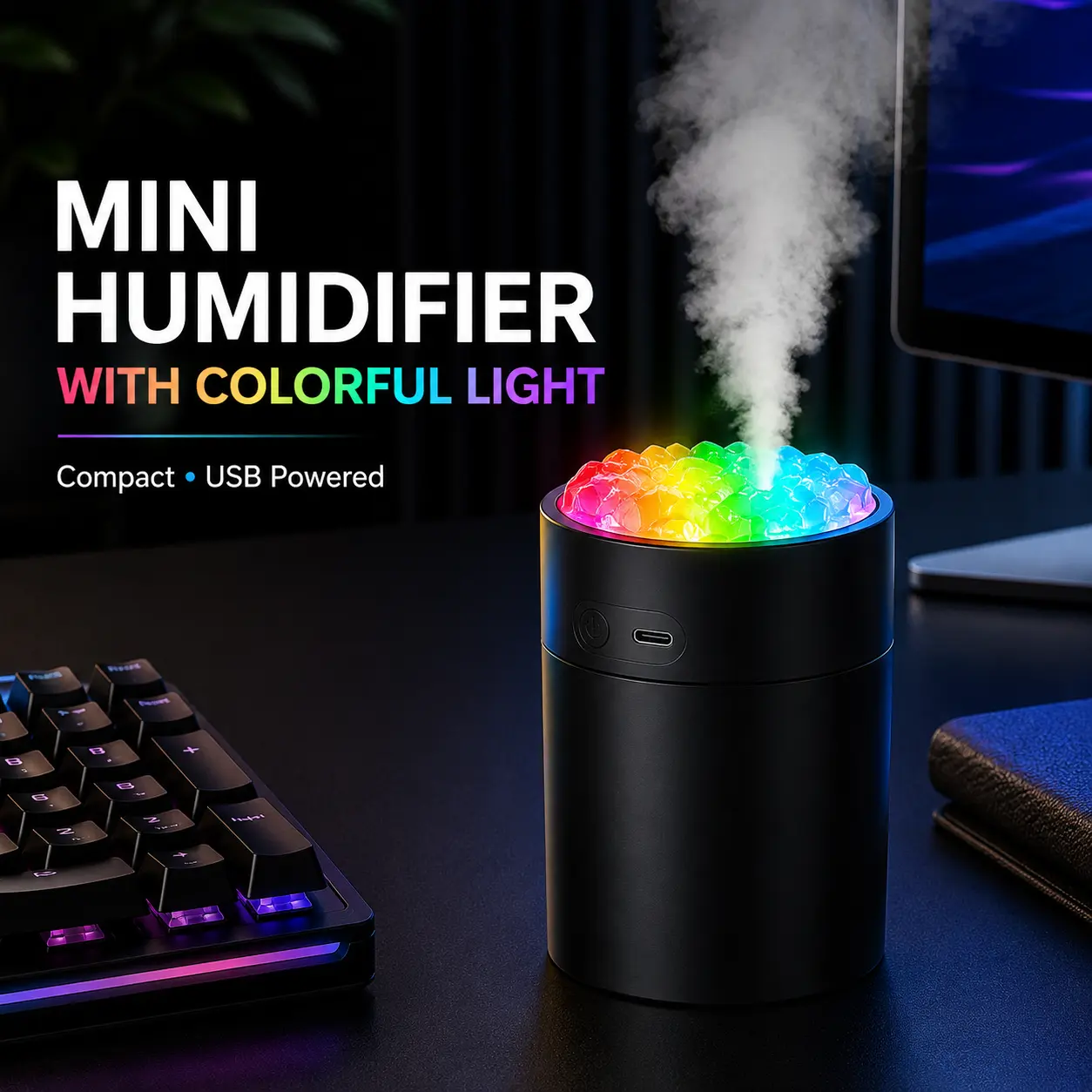 Mini Humidifier with Colorful Ambient Light, USB Powered Desktop Humidifier for Bedroom, Office and Dorm