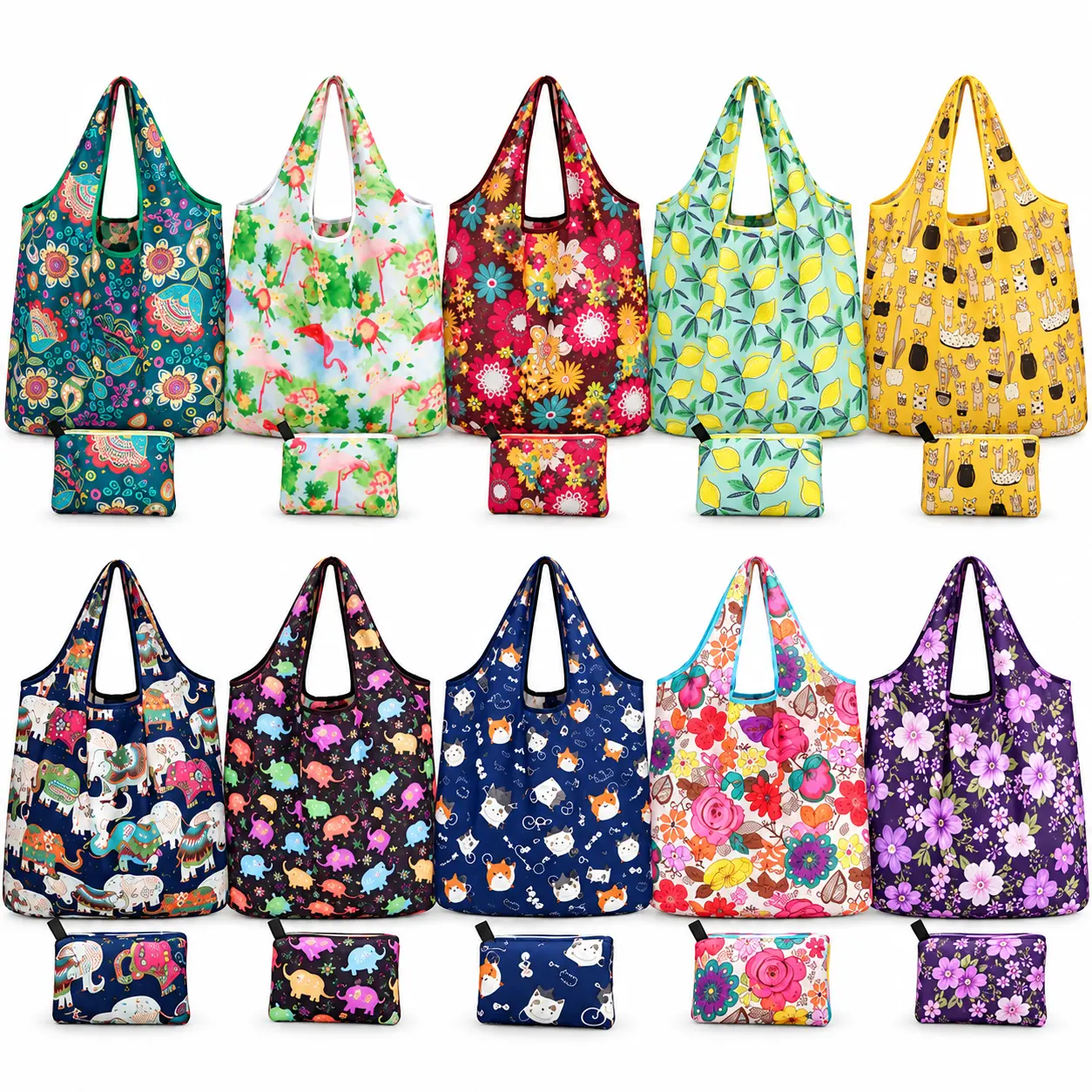 UNIQDESIGN 10-Pack Reusable Grocery Shopping Bags, Foldable Bulk Totes with Attached Zipper Pocket Pouch, Heavy Duty 50 lbs Eco-Friendly Waterproof Machine Washable for Grocery & Travel