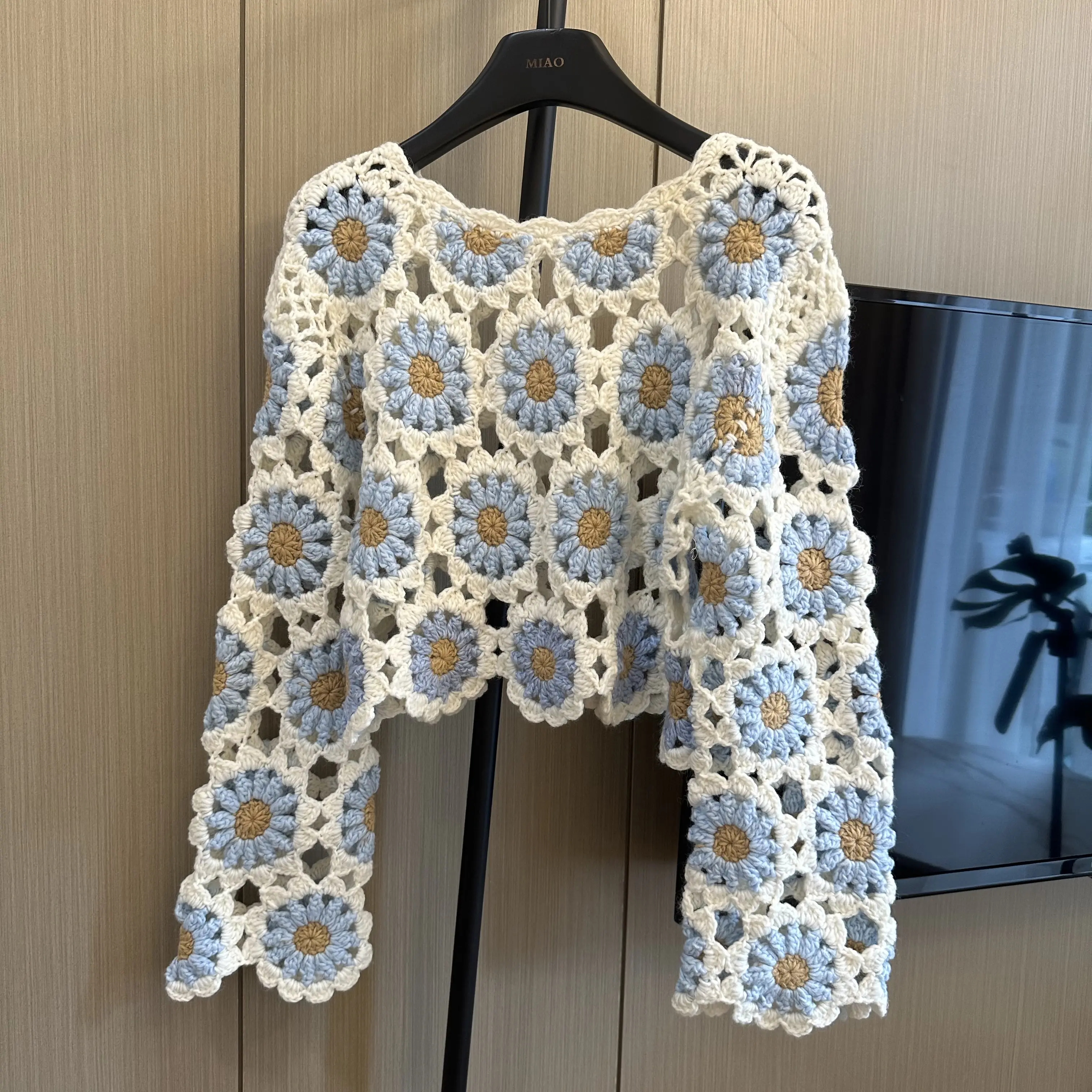 Women's Elegant Handmade Wool Knit Crop Top - 3D Floral Crochet, Hollow Design, Short Fitted Style for Lady's Everyday Wear, Flower Accent, Love-Worthy Piece