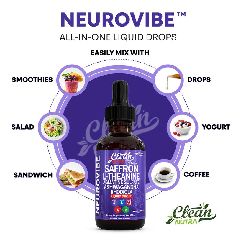 Clean Nutra Saffron Supplement Drops + L-Theanine Ashwagandha Rhodiola Agmatine Sulfate for Calm Mood & Focus Support - NeuroVibe Liquid