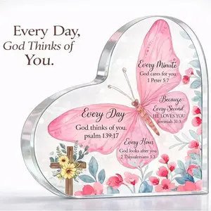 Acrylic Heart Plaque - 1-Piece Inspirational Christian Bible Verse Keepsake Sign with Butterfly and Flower Ornament, Home Office Decoration, Mother's Day Gift for Women