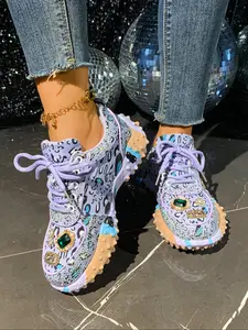 Women's Thick Sole Sporty Casual Shoes, Trending Floral Print Sneakers, Unique Floral Design with Rhinestones, Low Top Lace-Up, All-Season Comfort, Trendy Fashion Piece