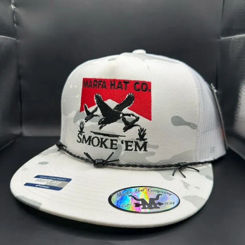 Smoke Em Hat - White & Camo Trucker Cap with Embroidered Logo and Adjustable Snapback