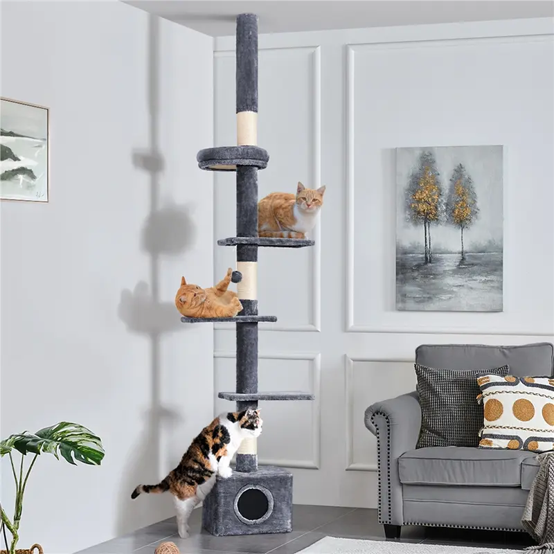 Yaheetech Height Adjust 7.4-8.7FT Floor-to-Ceiling Cat Tree, Modern Slim Multi-Level Tower with 1 Condo, 4 Perches, Sisal Scratching Posts & Plush Board for Small-Medium Pets, Vertical Scratcher