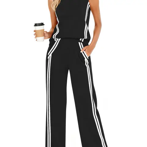 Casly Lamiit Women's 2-Piece Basic Soft Clothing Set - Mock Neck Sleeveless Tank Top (Vest), Wide Leg Pocket Chic Pants & Top Sets, Minimalist Striped Light Silky Outfit for Travel, Party, Women's Clothing