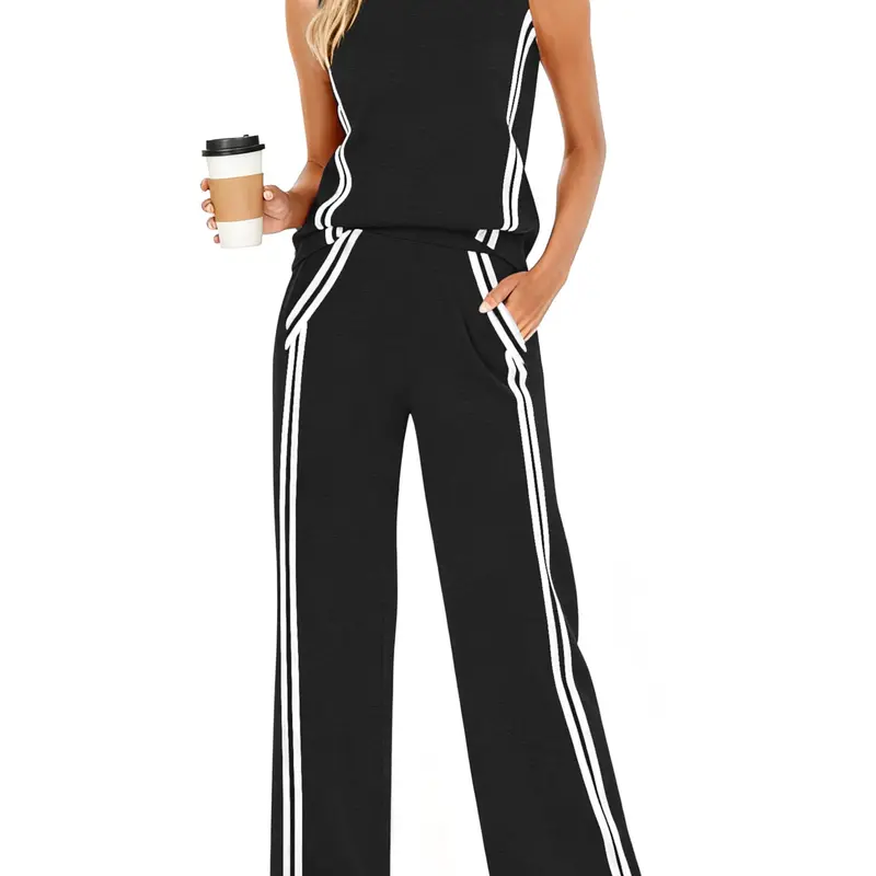 Casly Lamiit Women's 2-Piece Basic Soft Clothing Set - Mock Neck Sleeveless Tank Top (Vest), Wide Leg Pocket Chic Pants & Top Sets, Minimalist Striped Light Silky Outfit for Travel, Party, Women's Clothing