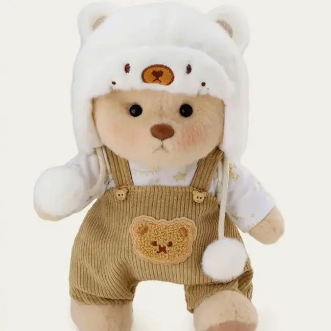 GETAHUG White Mink Hat Brown Overalls Bear Handmade Jointed Teddy
