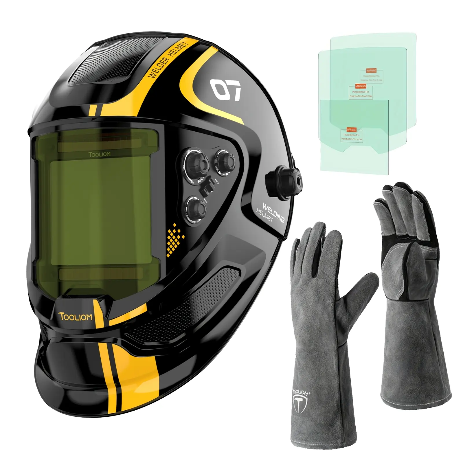 TOOLIOM Welding Safety Gear Set - TL-31800H Large View True Color Auto Darkening Helmet & 932°F Heat Resistant Leather Forge Gloves - Full Protection for Metal Fabrication & DIY