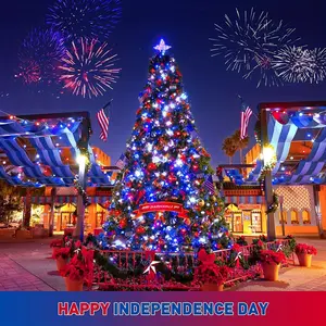 (Red & Blue & White) Solar LED String Fairy Lights,Woterproof IP65 Timer Function Solar Powered LED Holiday Lights 8 Modes Outdoor Christmas Tree Wedding Party Bedroom Courtyard Path Decoration 100/200/300/400 LED Strip