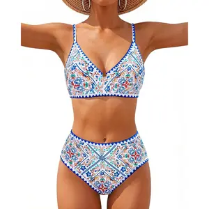 Women High Waisted Bikini Set - Tummy Control 2 Piece Swimsuit, Full Coverage Underwire Top Floral