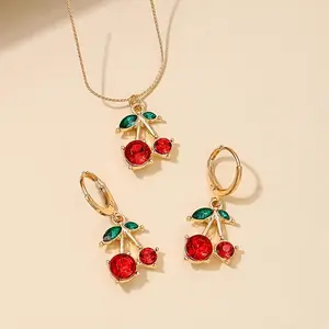 Middle Eastern Style Red Cherry Pendant Necklace-Earring Charm Set, Cherry Embellishment Necklaces, Cute Sweet for Everyday Wear & Vacations, Ideal Birthday Gift for Girlfriend, Charm Set Necklaces