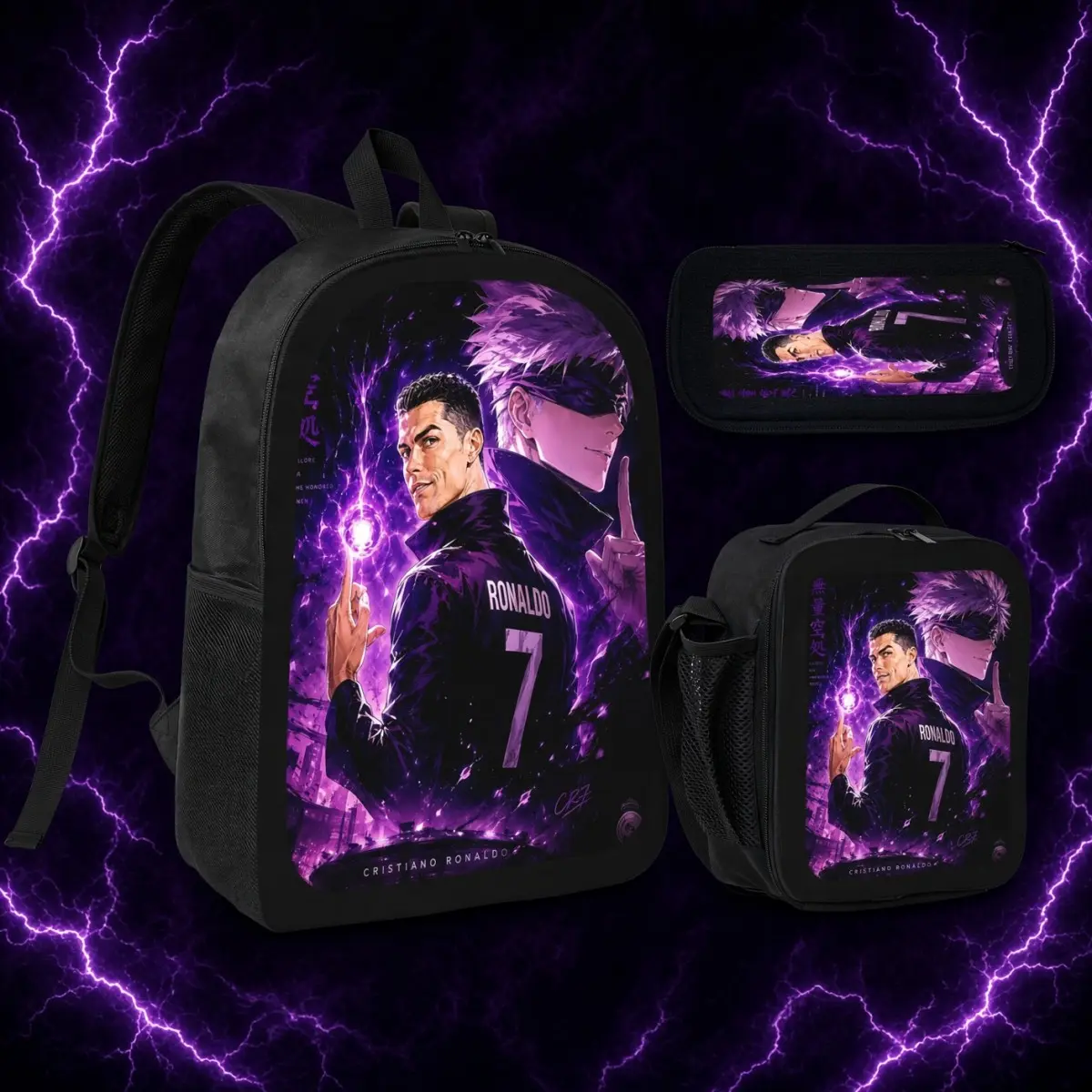 Ronaldo x Jujutsu-Kaisen Anime Fusion 3-in-1 Backpack Set for Kids Students, Purple Energy Soccer Star Graphic Bag with Insulated Lunch Bag & Pencil Pouch for School Daily Travel